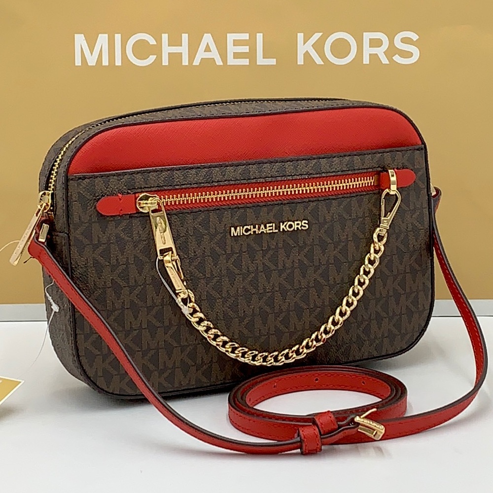 MICHAEL KORS LARGE EAST WEST ZIP CHAIN XBODY FLAME MULTI/ BROWN